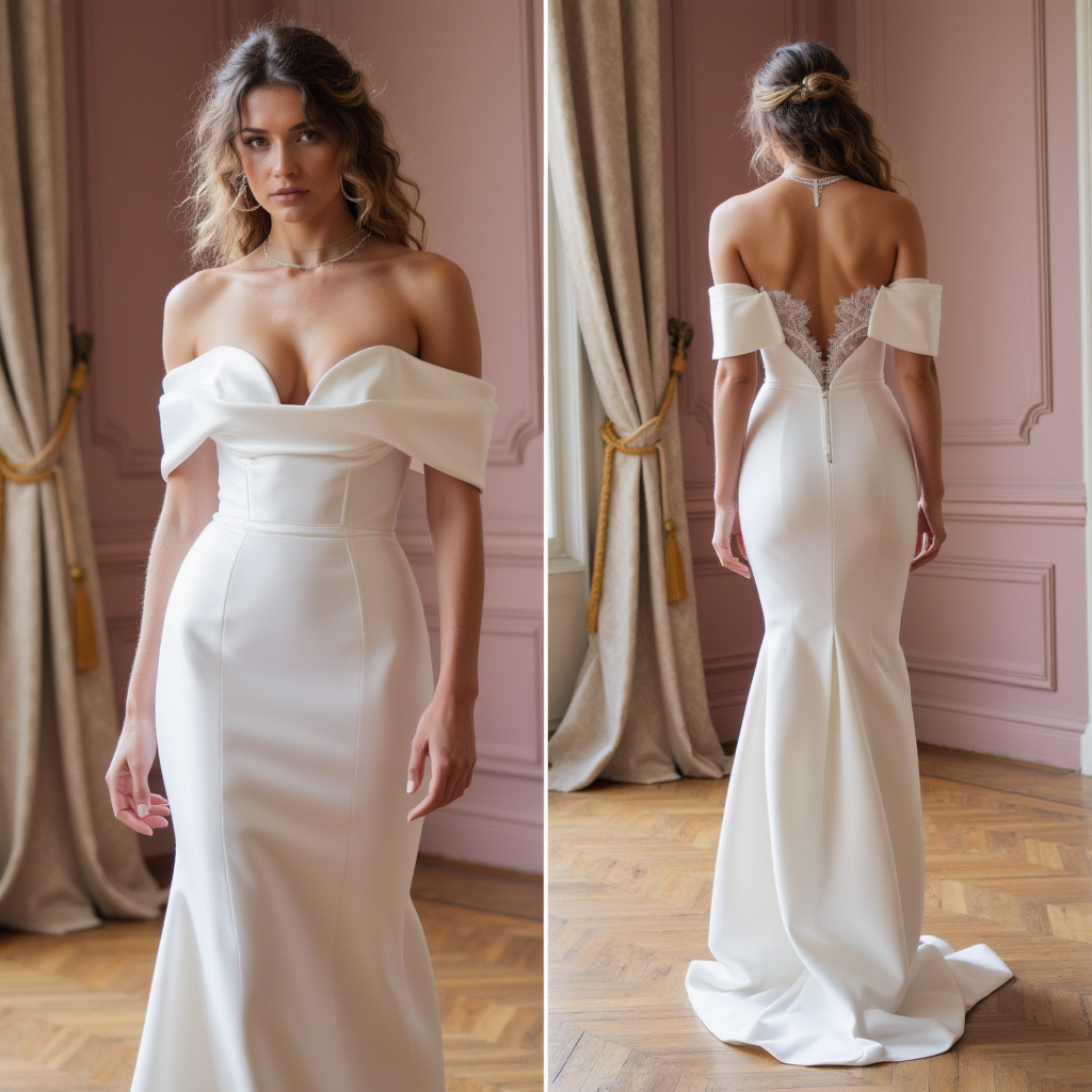 Modern Off-Shoulder Satin Mermaid Wedding Dress with Sculptural Bodice and Lace Back