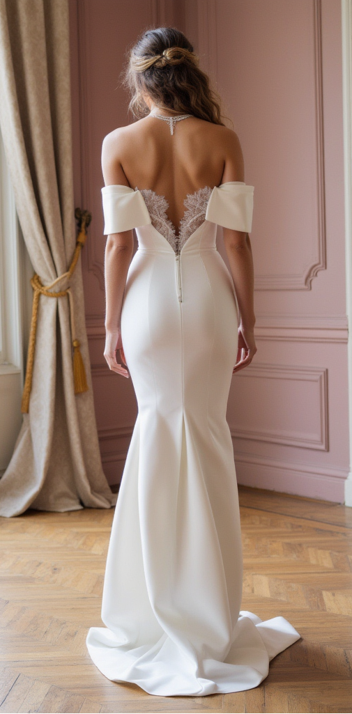 Modern Off-Shoulder Satin Mermaid Wedding Dress with Sculptural Bodice and Lace Back