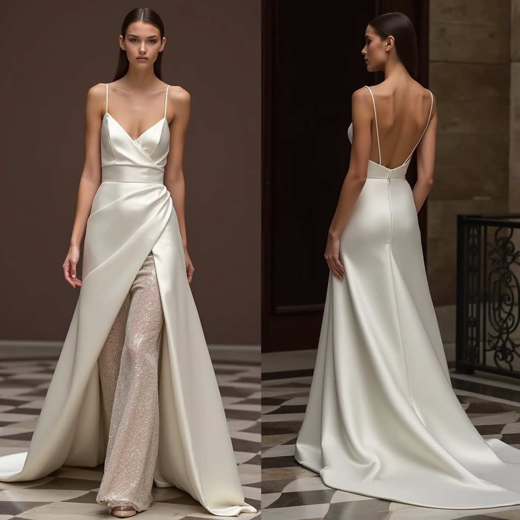 Spaghetti Strap A-line Wedding Dress, Satin and lace fusion