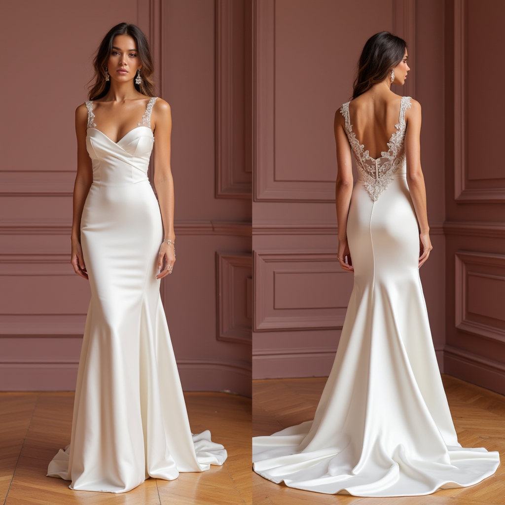 Timeless Satin Mermaid Wedding Dress with Draped Bodice and Lace Illusion Back
