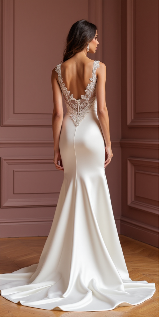 Timeless Satin Mermaid Wedding Dress with Draped Bodice and Lace Illusion Back
