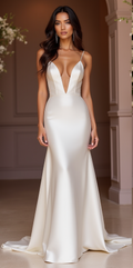 Minimalist Satin Wedding Dress with Plunging Neckline and Open Back