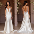 Minimalist Satin Wedding Dress with Plunging Neckline and Open Back