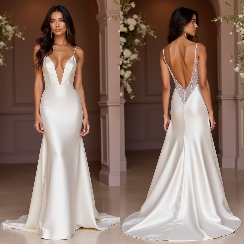 Minimalist Satin Wedding Dress with Plunging Neckline and Open Back