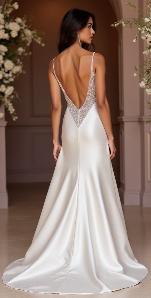 Minimalist Satin Wedding Dress with Plunging Neckline and Open Back