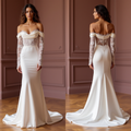 Ethereal Off-Shoulder Satin and Lace Wedding Gown