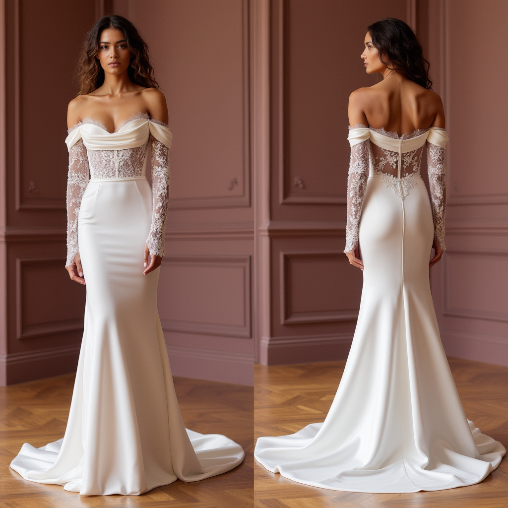 Ethereal Off-Shoulder Satin and Lace Wedding Gown