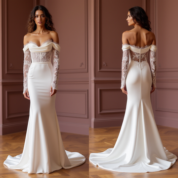 Ethereal Off-Shoulder Satin and Lace Wedding Gown