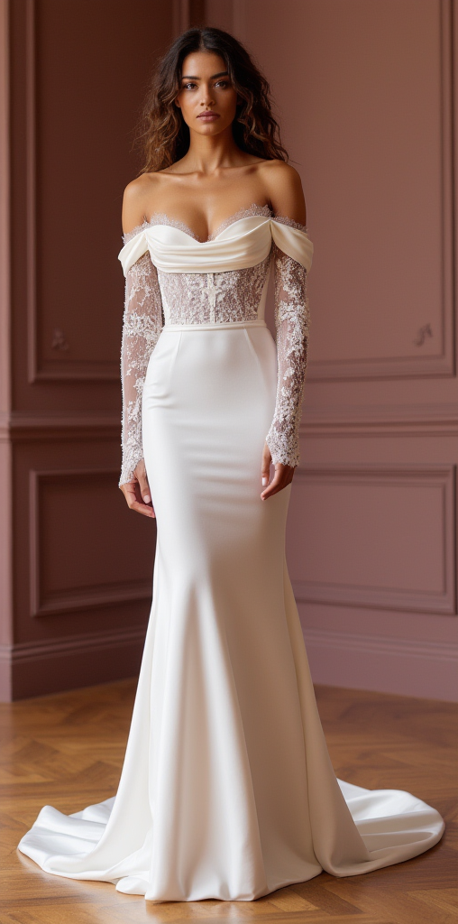 Ethereal Off-Shoulder Satin and Lace Wedding Gown