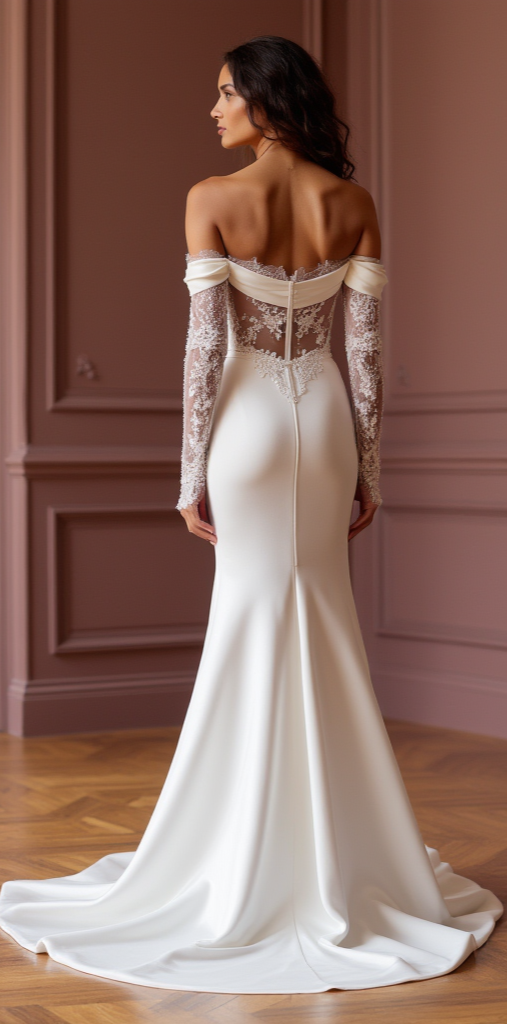 Ethereal Off-Shoulder Satin and Lace Wedding Gown