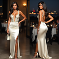🔹 Champagne satin evening gown 🔹 Deep V-neck lace dress 🔹 Luxury satin dress with corset 🔹 Elegant open-back formal gown 🔹 High slit satin dress for evening events 🔹 Glamorous gala dress 🔹 Designer-inspired satin evening wear