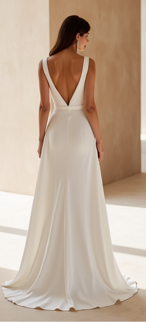 Classic V-Neck Bridal Gown – Sleek Ivory Satin Elegance