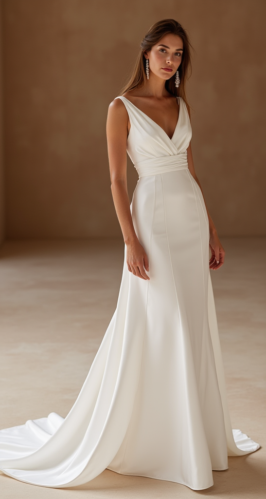 Classic V-Neck Bridal Gown – Sleek Ivory Satin Elegance