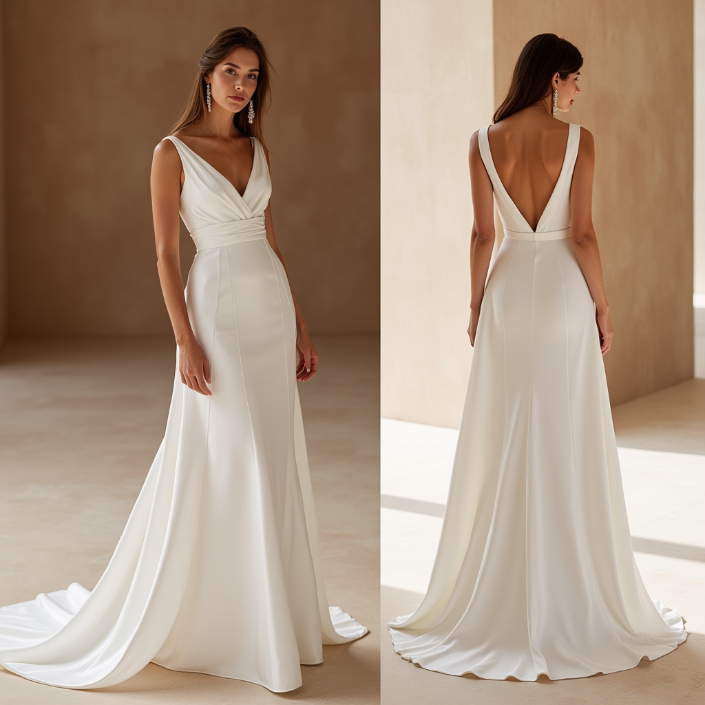 Classic V-Neck Bridal Gown – Sleek Ivory Satin Elegance
