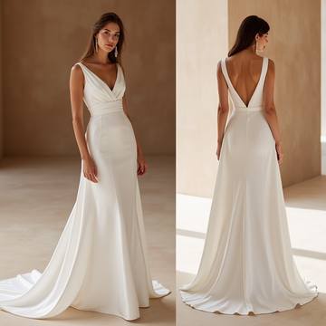Classic V-Neck Bridal Gown – Sleek Ivory Satin Elegance