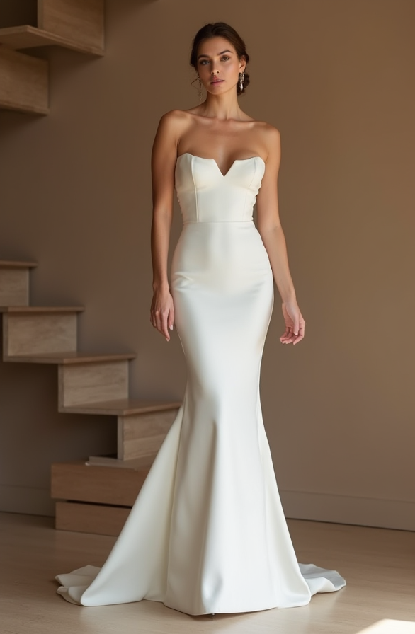 
Fitted Strapless Wedding Gown – Sleek Satin & Modern Elegance
