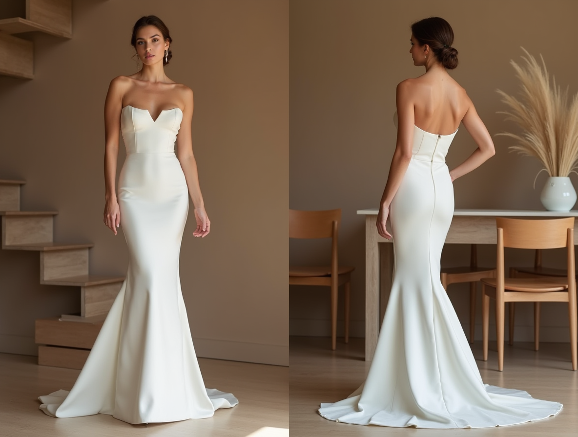 
Fitted Strapless Wedding Gown – Sleek Satin & Modern Elegance
