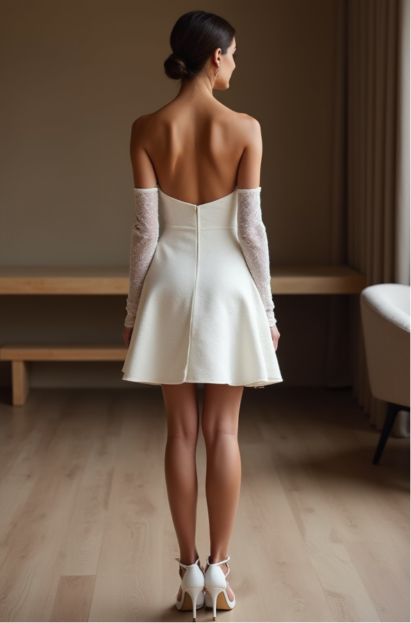 Mini Bridal Dress – Sweetheart Neckline & Sheer Sleeves