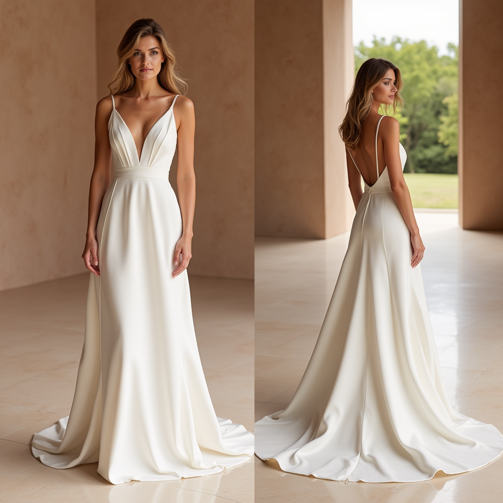  Ivory Satin Wedding Dress – Deep V-Neck & Flowing Train