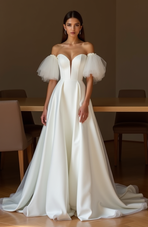 Off-Shoulder Tulle Sleeve Wedding Gown – Plunge Neck & Flowing Skirt