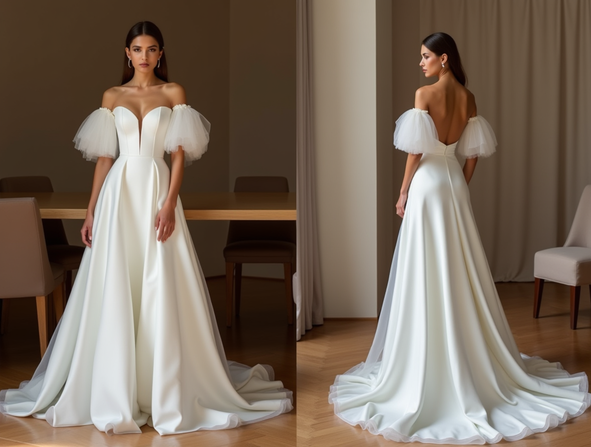 Off-Shoulder Tulle Sleeve Wedding Gown – Plunge Neck & Flowing Skirt