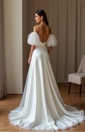 Off-Shoulder Tulle Sleeve Wedding Gown – Plunge Neck & Flowing Skirt