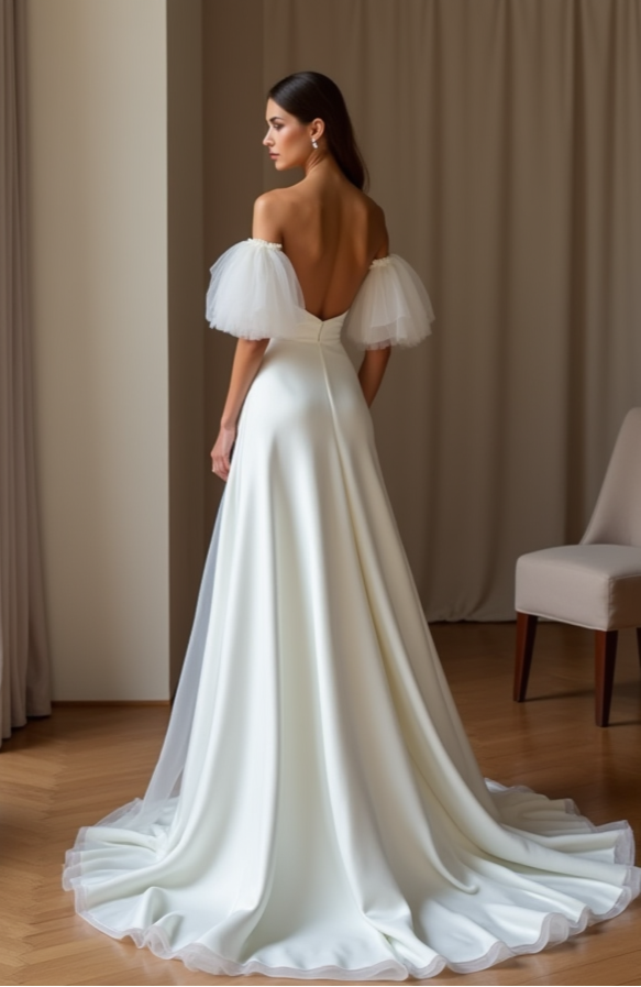 Off-Shoulder Tulle Sleeve Wedding Gown – Plunge Neck & Flowing Skirt