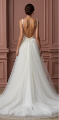 Romantic Tulle A-Line Wedding Dress with Deep V-Neck and Low Back