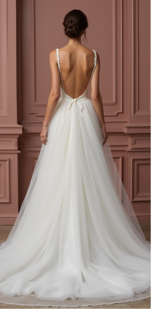 Romantic Tulle A-Line Wedding Dress with Deep V-Neck and Low Back