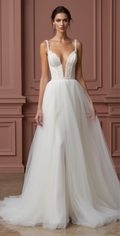 Romantic Tulle A-Line Wedding Dress with Deep V-Neck and Low Back