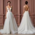 Romantic Tulle A-Line Wedding Dress with Deep V-Neck and Low Back