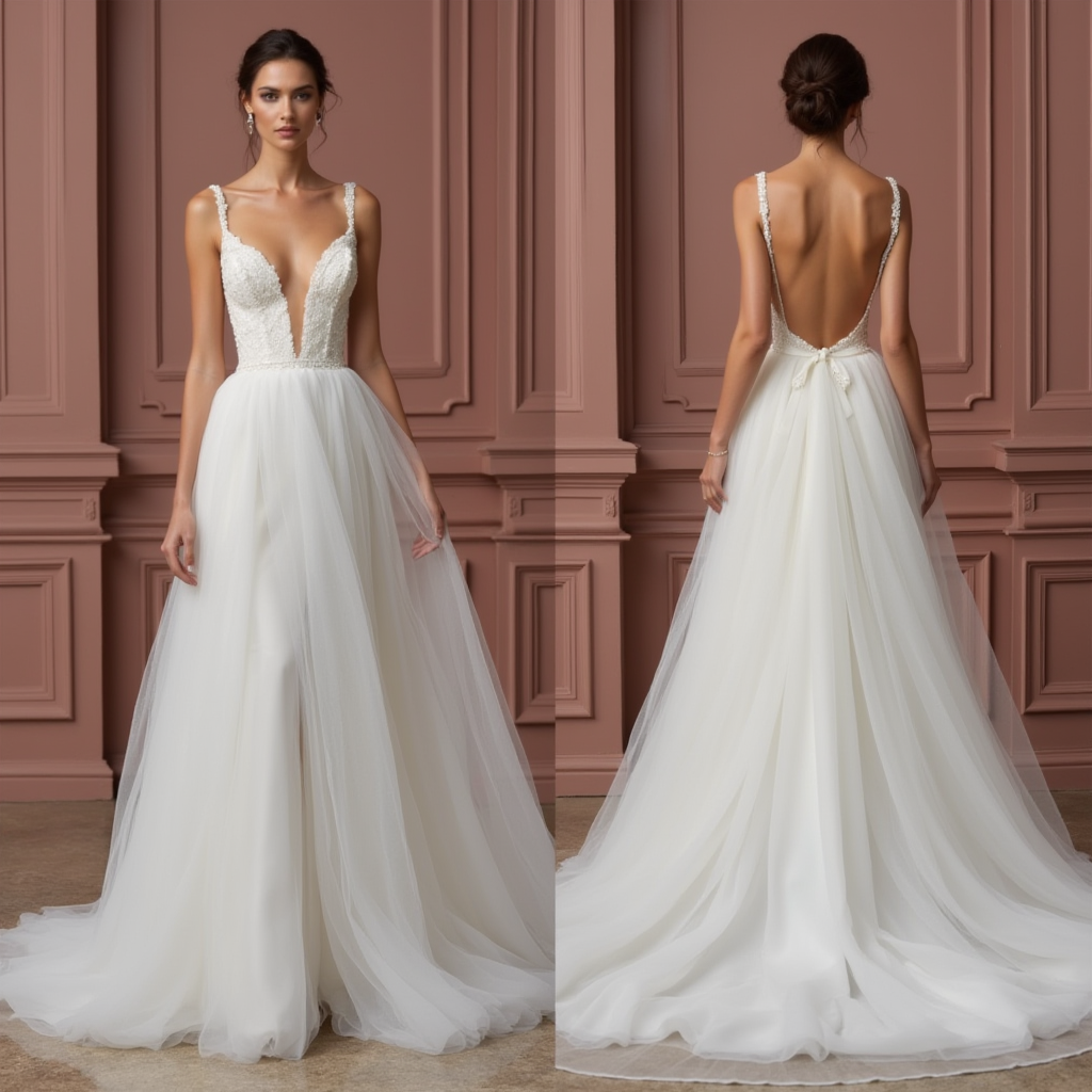 Romantic Tulle A-Line Wedding Dress with Deep V-Neck and Low Back
