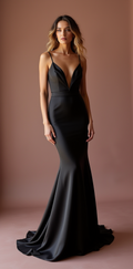 Black Satin Evening Gown with Plunging Neckline & Mermaid Silhouette
