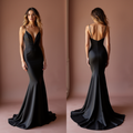 Black Satin Evening Gown with Plunging Neckline & Mermaid Silhouette
