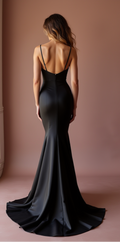 Black Satin Evening Gown with Plunging Neckline & Mermaid Silhouette