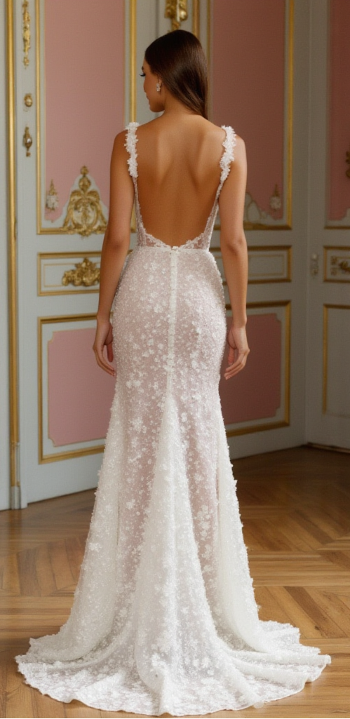 Romantic Floral Lace Wedding Gown with High Slit and Satin Bow