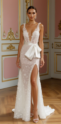 Romantic Floral Lace Wedding Gown with High Slit and Satin Bow