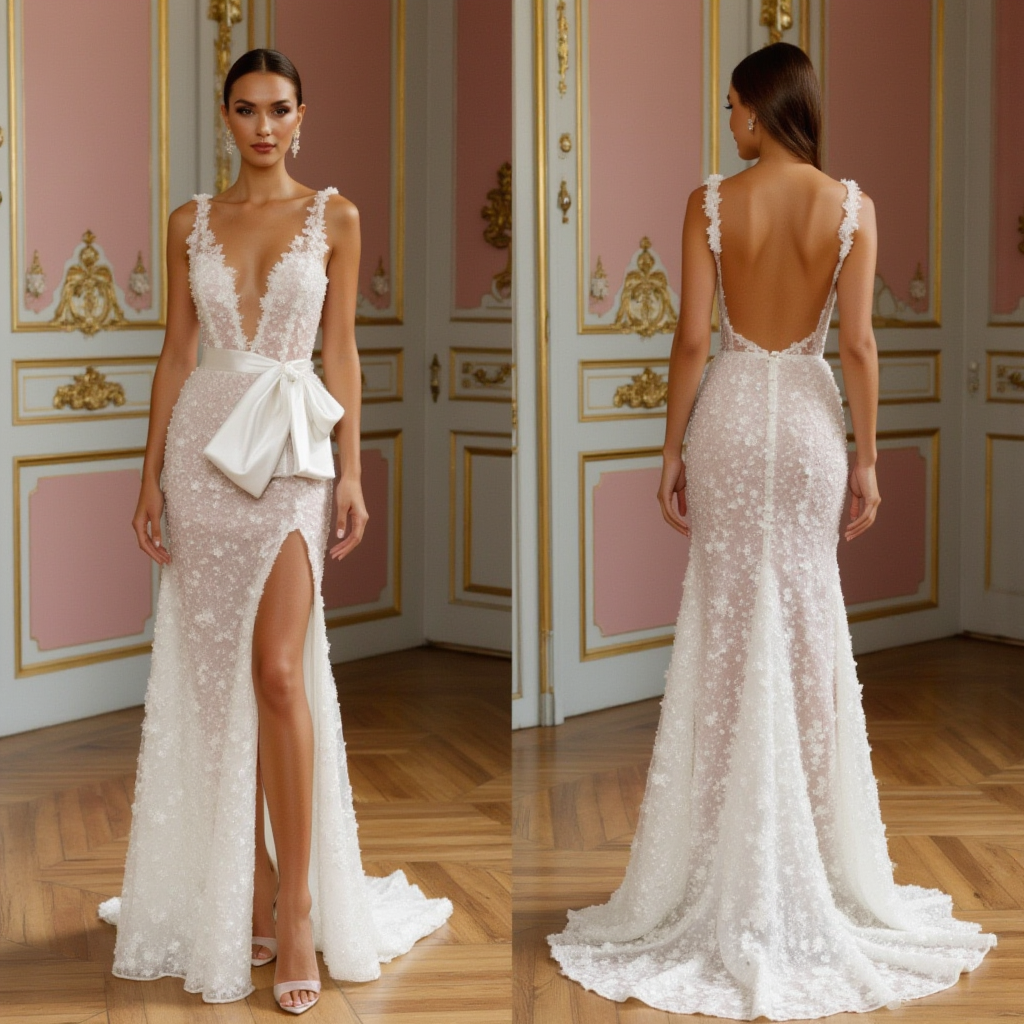 Romantic Floral Lace Wedding Gown with High Slit and Satin Bow