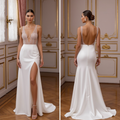 Modern Sheer Bodice Wedding Dress with Thigh-High Slit and Deep V-Neckline