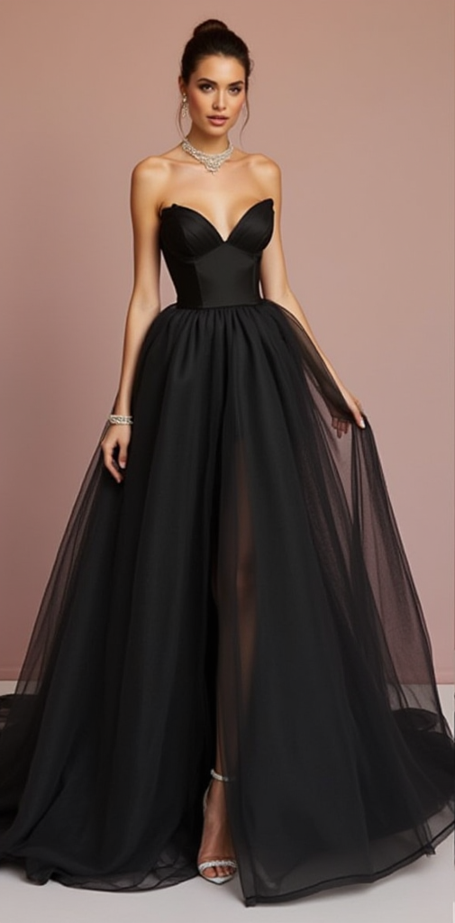 Black Strapless Tulle Wedding Dress with Sweetheart Neckline