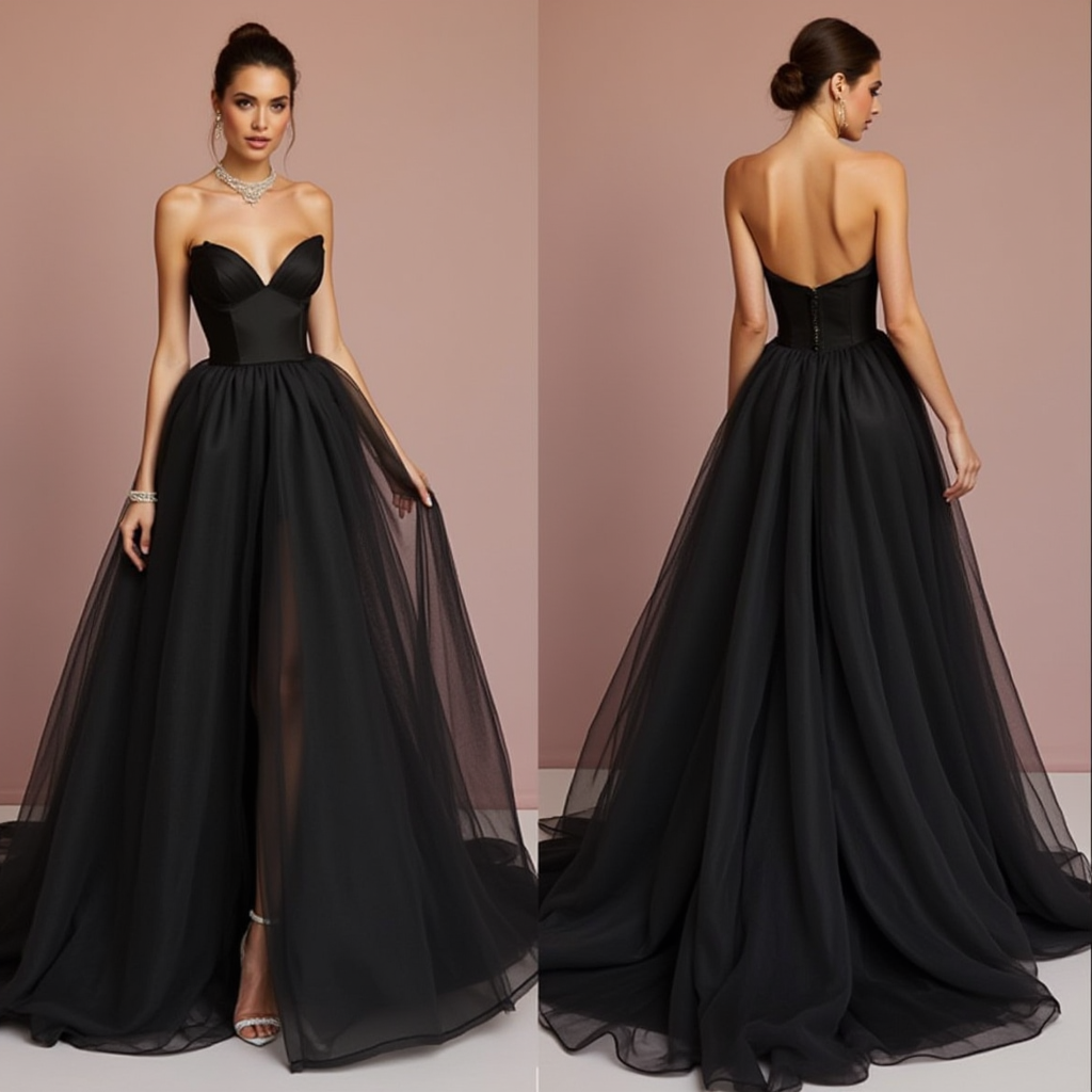 Black Strapless Tulle Wedding Dress with Sweetheart Neckline