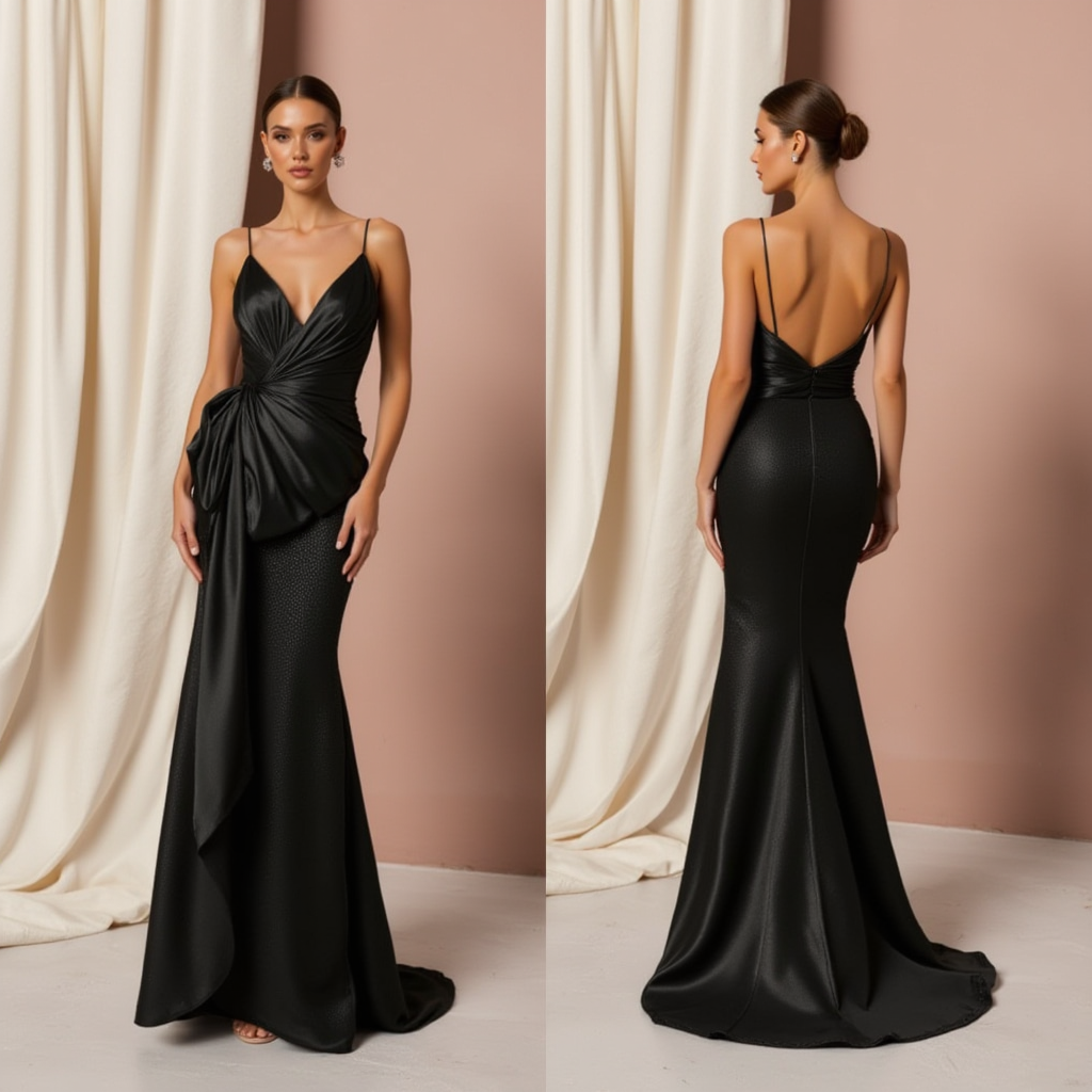Elegant Black Satin Mermaid Dress with Draped Side Detail and Spaghetti Straps"

