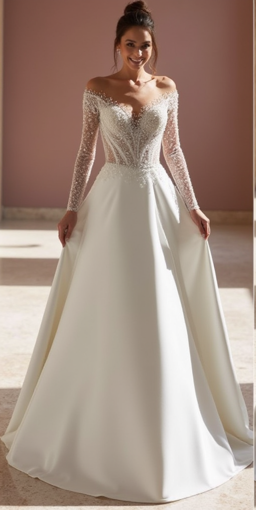 Elegant Off-Shoulder A-Line Wedding Dress with Sheer Beaded Sleeves