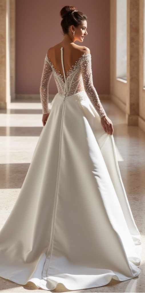 Elegant Off-Shoulder A-Line Wedding Dress with Sheer Beaded Sleeves