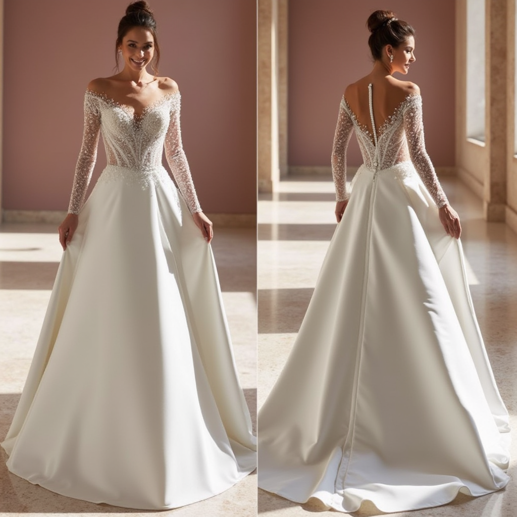 Elegant Off-Shoulder A-Line Wedding Dress with Sheer Beaded Sleeves