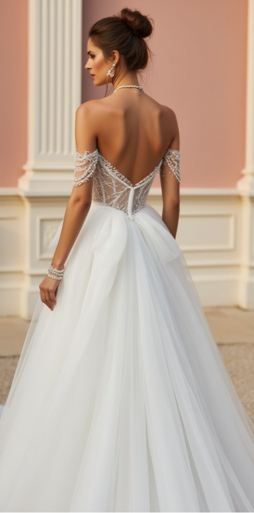 Ethereal Royalty: Off-the-Shoulder Beaded Corset Gown with Flowing Tulle Skirt