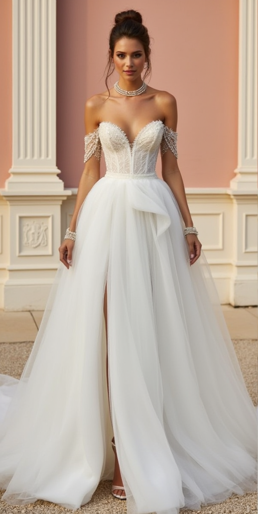Ethereal Royalty: Off-the-Shoulder Beaded Corset Gown with Flowing Tulle Skirt