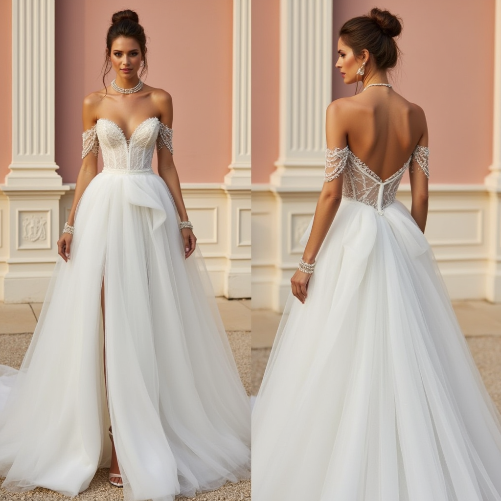 Ethereal Royalty: Off-the-Shoulder Beaded Corset Gown with Flowing Tulle Skirt