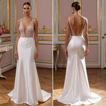 Satin Wedding Dress with Sheer Beaded Bodice & Low Back – Modern Bridal Gown
