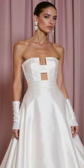 Elegant Strapless Satin Wedding Gown with Modern Cutout Bodice & Gloves